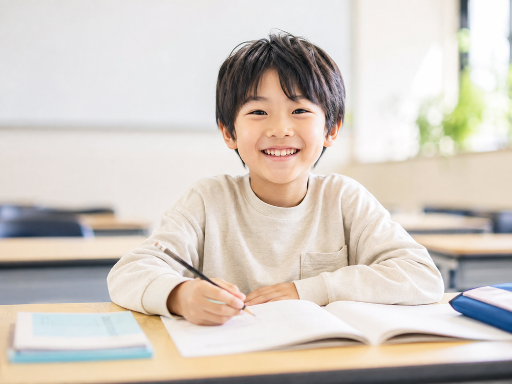 机で楽しそうに学習する小学生